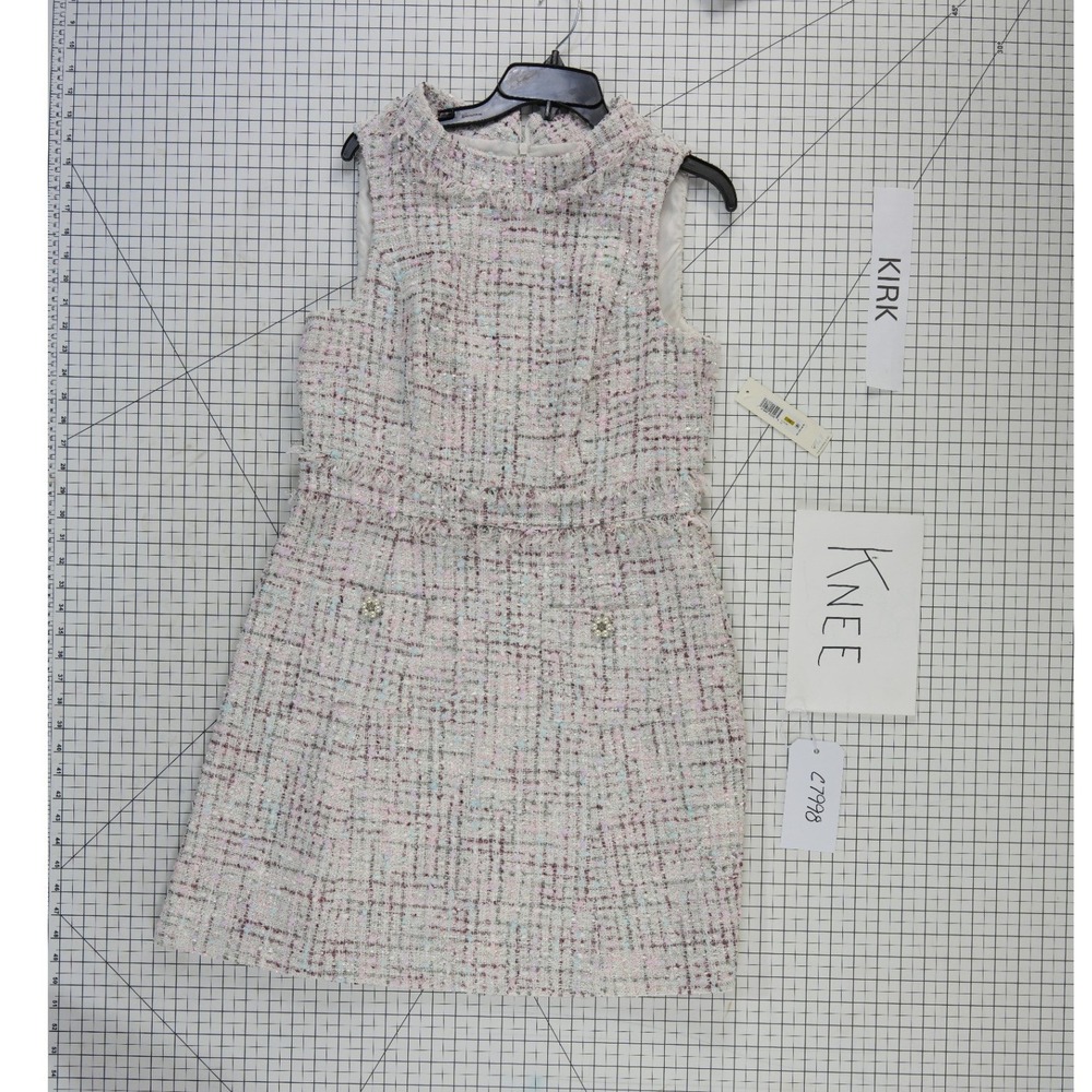 NEW Eliza J Tweed Shift Dress Women's Size 14 Pink Blue Fringe Pearl Mock Neck - Picture 11 of 12